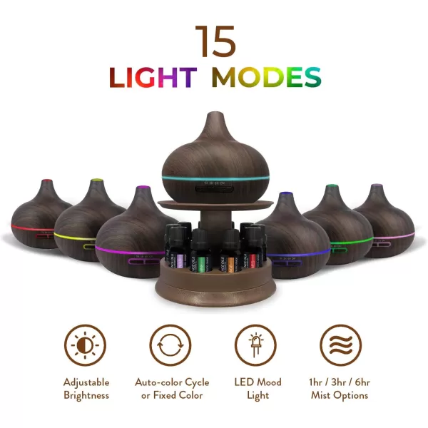 Ultimate Aromatherapy Diffuser ampamp Essential Oil Set  Ultrasonic Diffuser ampamp Top 10 Essential Oils  300ml Diffuser with 4 Timer ampamp 7 Ambient Light Settings  Therapeutic Grade Essential Oils Dark OakOak Wood With Stand