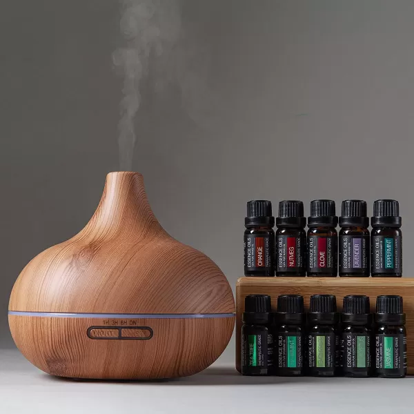 Ultimate Aromatherapy Ultrasonic 300ml Diffuser ampamp Top 10 Therapeutic Grade Essential Oils Set wRotating Display Stand  4 Timer ampamp 7 Ambient Light Settings