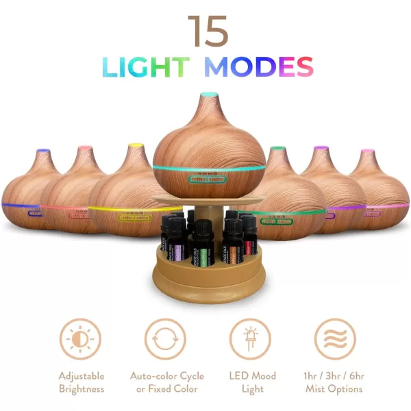 Ultimate Aromatherapy Ultrasonic 300ml Diffuser ampamp Top 10 Therapeutic Grade Essential Oils Set wRotating Display Stand  4 Timer ampamp 7 Ambient Light Settings