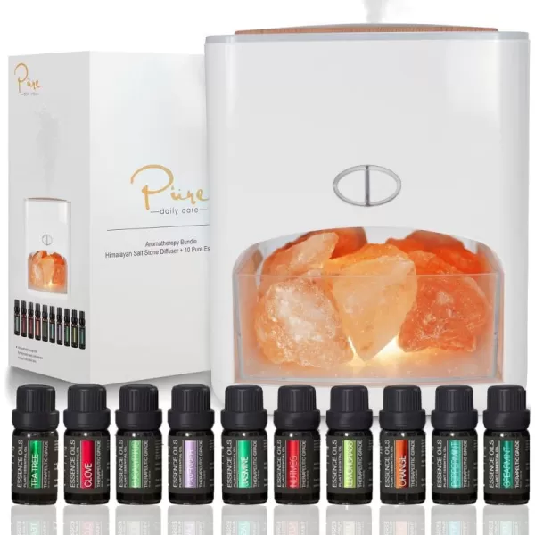 Himalayan Pink Salt Diffuser ampamp 10 Essential Oils  2in1 Therapeutic Device  Aromatherapy ampamp Ionic Himalayan Salt Therapy  400ml Ultrasonic Vaporizer and Ionizer with Ambient Glow LightWhite