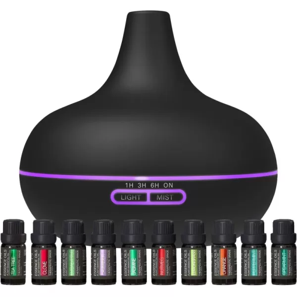 Ultimate Aromatherapy Diffuser ampamp Essential Oil Set  Ultrasonic Top 10 Oils Modern with 4 Timer 7 Ambient Light Settings Therapeutic Grade LavenderMatte Black  10 Plant Oils