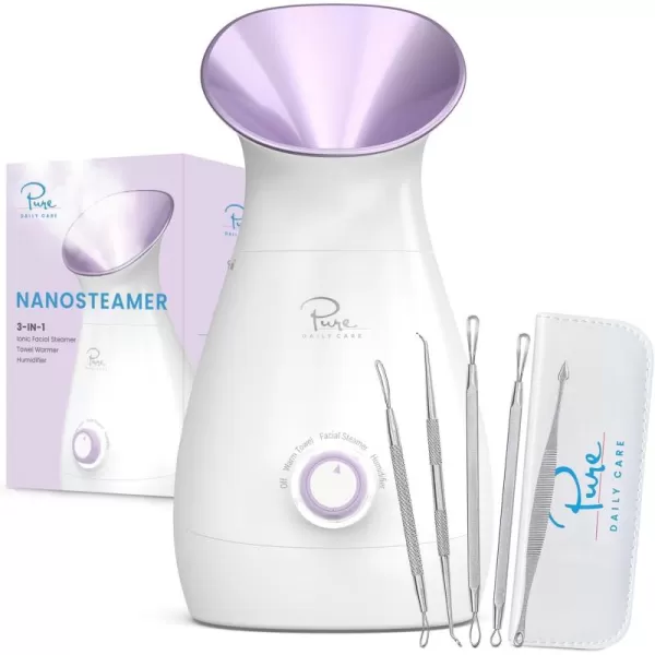 NanoSteamer Large 3in1 Nano Ionic Facial Steamer with Precise Temp Control  Humidifier  Unclogs Pores  Blackheads  Spa Quality  Bonus 5 Piece Stainless Steel Skin Kit Lilac