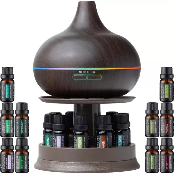 Ultimate Aromatherapy Diffuser ampamp Essential Oil Set  Ultrasonic Diffuser ampamp Top 10 Essential Oils  300ml Diffuser with 4 Timer ampamp 7 Ambient Light Settings  Therapeutic Grade Essential Oils Dark OakOak Wood With Stand