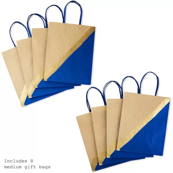 Hallmark 9quot Medium Paper Gift Bags Pack of 8  Blue ampamp Kraft for Hanukkah Birthdays Weddings Fathers Day Graduations Baby Showers Bridal Showers Care Packages May Day