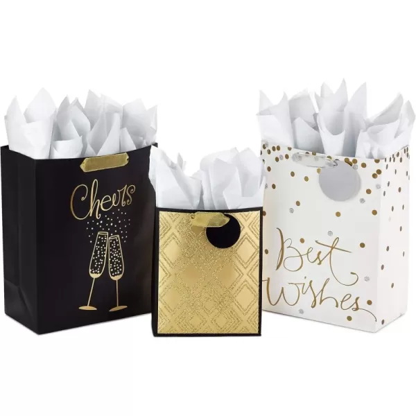 Hallmark All Occasion Gift Bags Assortment with Tissue Paper  Black and Gold Pack of 3 2 Large 13quot and 1 Medium 9quot for Anniversaries Weddings Birthdays Holidays and MoreBlack  Gold