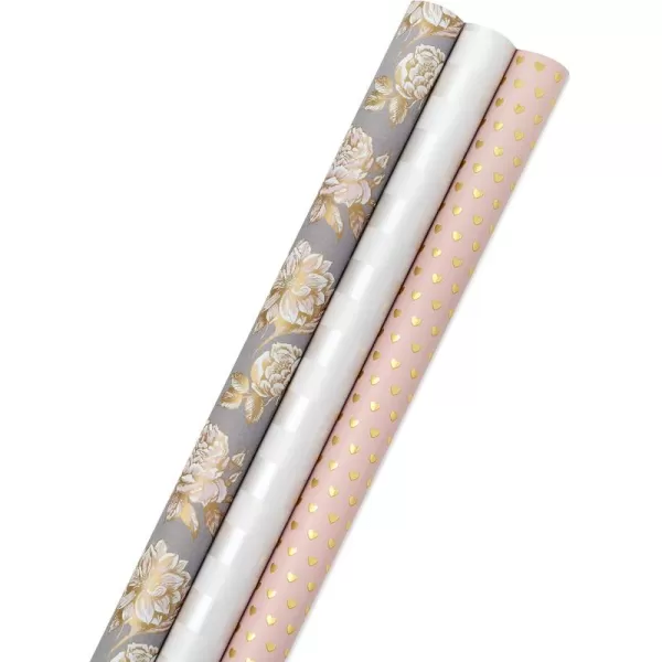 Hallmark Wedding Wrapping Paper Rolls  Gold Hearts Rose Flowers White Stripes Gift Wrap Paper Set of 3 Rolls 85 sq ft ttl for Bridal Showers Birthdays Weddings Mothers Day Valentines DayFloral Hearts Stripes