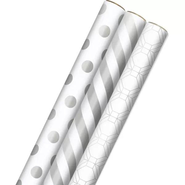 Hallmark Wrapping Paper Rolls for Weddings Bridal Showers Birthdays  Silver and White Gift Wrap Paper Set of 3 Rolls 105 sq ft ttl Polka Dots Stripes Geometric ShapesSilver Metallic