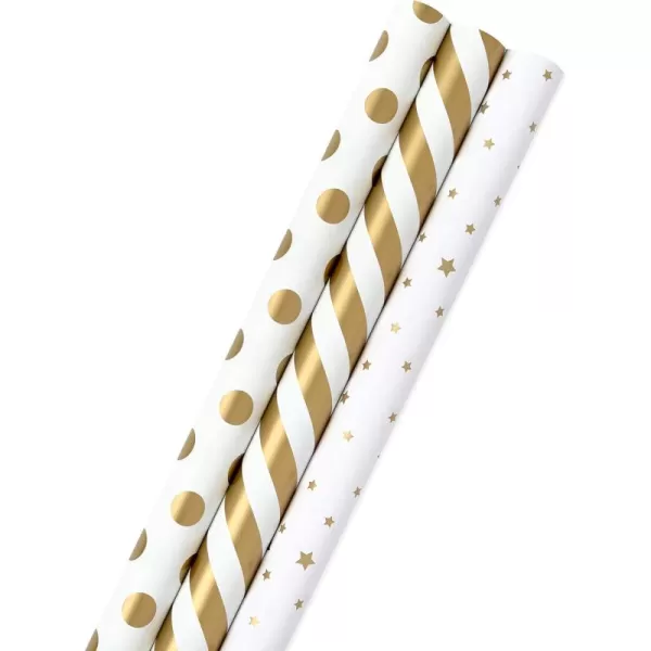 Hallmark Wrapping Paper Rolls for Weddings Bridal Showers Birthdays  Silver and White Gift Wrap Paper Set of 3 Rolls 105 sq ft ttl Polka Dots Stripes Geometric ShapesWhite and Gold