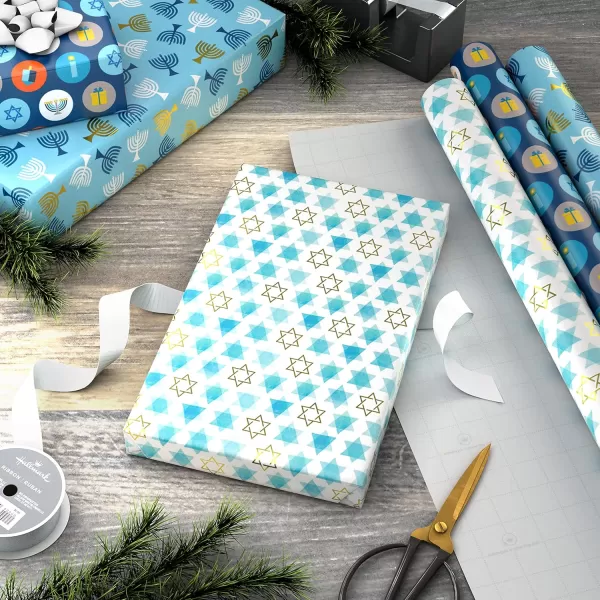 Hallmark Tree of Life Hanukkah Wrapping Paper with Cutlines on Reverse 3 Rolls 120 Sq Ft Total Blue and Gold Star of David Menorahs Candles DreidelsBlue  Orange  Yellow  White  Gold