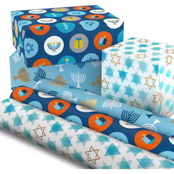 Hallmark Tree of Life Hanukkah Wrapping Paper with Cutlines on Reverse 3 Rolls 120 Sq Ft Total Blue and Gold Star of David Menorahs Candles DreidelsBlue  Orange  Yellow  White  Gold