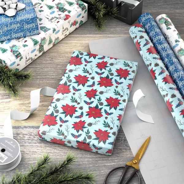 Hallmark Tree of Life Hanukkah Wrapping Paper with Cutlines on Reverse 3 Rolls 120 Sq Ft Total Blue and Gold Star of David Menorahs Candles DreidelsRed Flowers  Happy Holidays  Snowy Town