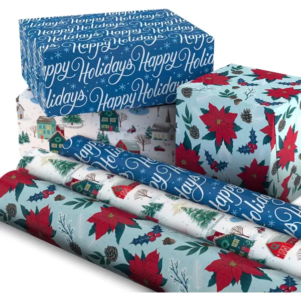 Hallmark Tree of Life Hanukkah Wrapping Paper with Cutlines on Reverse 3 Rolls 120 Sq Ft Total Blue and Gold Star of David Menorahs Candles DreidelsRed Flowers  Happy Holidays  Snowy Town