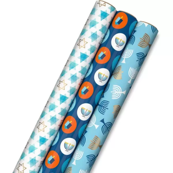 Hallmark Tree of Life Hanukkah Wrapping Paper with Cutlines on Reverse 3 Rolls 120 Sq Ft Total Blue and Gold Star of David Menorahs Candles DreidelsBlue  Orange  Yellow  White  Gold