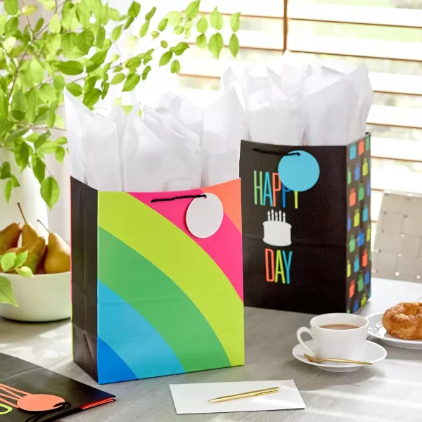 Hallmark 13quot Large Birthday Gift Bags with Tissue Paper 3Pack Black and Neon Rainbow WooHoo for Kids Adults Teens CoworkersYellow  Pink  Blue