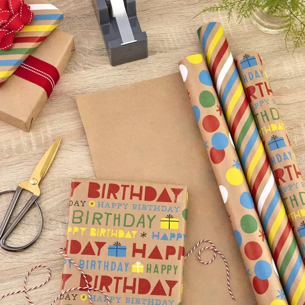 Hallmark Birthday Wrapping Paper Rolls for Kids for Graduation Parties Celebrations All Occasion  Brown Kraft Gift Wrap Paper Set of 3 Rolls 105 sq ft ttlKraft  Red  Yellow