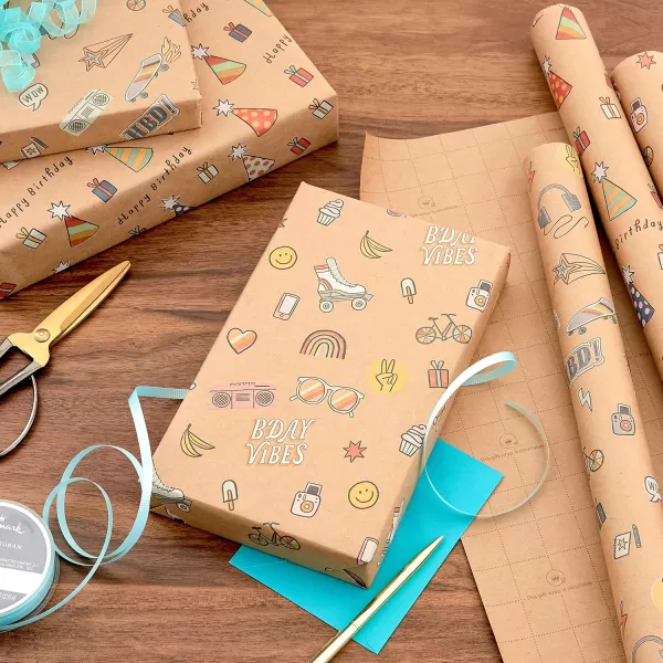 Hallmark Birthday Wrapping Paper Rolls for Kids for Graduation Parties Celebrations All Occasion  Brown Kraft Gift Wrap Paper Set of 3 Rolls 105 sq ft ttlKraft  Red