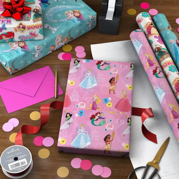 Hallmark Disney Princess Wrapping Paper with Cut Lines Pack of 3 60 sq ft ttl with Cinderella Ariel Mulan Jasmine Snow White and Belle for Birthdays Christmas or Any OccasionBlue  Pink  White