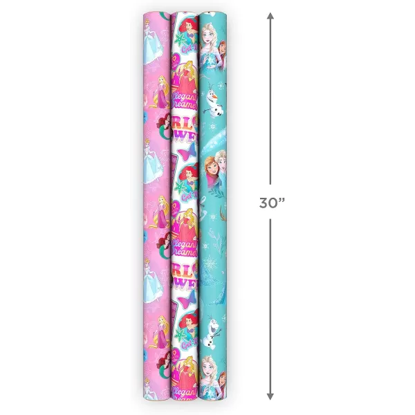 Hallmark Disney Princess Wrapping Paper with Cut Lines Pack of 3 60 sq ft ttl with Cinderella Ariel Mulan Jasmine Snow White and Belle for Birthdays Christmas or Any OccasionBlue  Pink  White