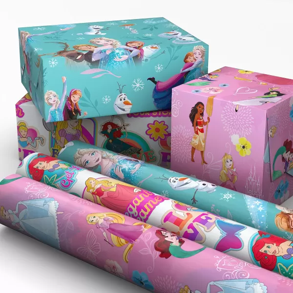 Hallmark Disney Princess Wrapping Paper with Cut Lines Pack of 3 60 sq ft ttl with Cinderella Ariel Mulan Jasmine Snow White and Belle for Birthdays Christmas or Any OccasionBlue  Pink  White