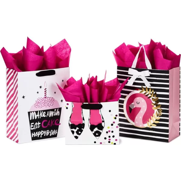 Hallmark 13quot Large Birthday Gift Bags with Tissue Paper 3Pack Black and Neon Rainbow WooHoo for Kids Adults Teens CoworkersBlack  Pink  White