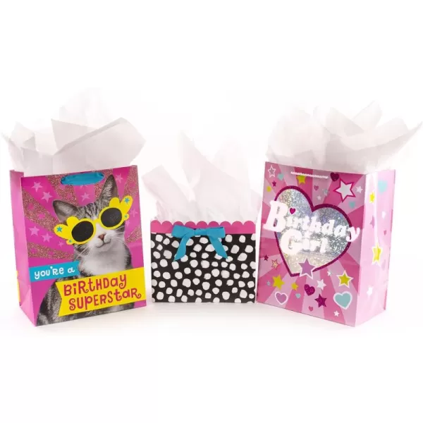 Hallmark 13quot Large Birthday Gift Bags with Tissue Paper 3Pack Black and Neon Rainbow WooHoo for Kids Adults Teens CoworkersPink  Yellow