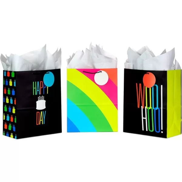 Hallmark 13quot Large Birthday Gift Bags with Tissue Paper 3Pack Black and Neon Rainbow WooHoo for Kids Adults Teens CoworkersYellow  Pink  Blue