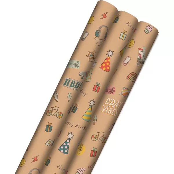 Hallmark Birthday Wrapping Paper Rolls for Kids for Graduation Parties Celebrations All Occasion  Brown Kraft Gift Wrap Paper Set of 3 Rolls 105 sq ft ttlKraft  Red