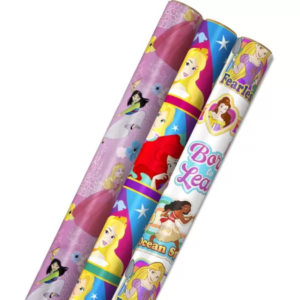 Hallmark Disney Princess Wrapping Paper with Cut Lines Pack of 3 60 sq ft ttl with Cinderella Ariel Mulan Jasmine Snow White and Belle for Birthdays Christmas or Any OccasionPink  Purple  White