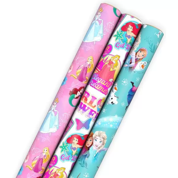 Hallmark Disney Princess Wrapping Paper with Cut Lines Pack of 3 60 sq ft ttl with Cinderella Ariel Mulan Jasmine Snow White and Belle for Birthdays Christmas or Any OccasionBlue  Pink  White