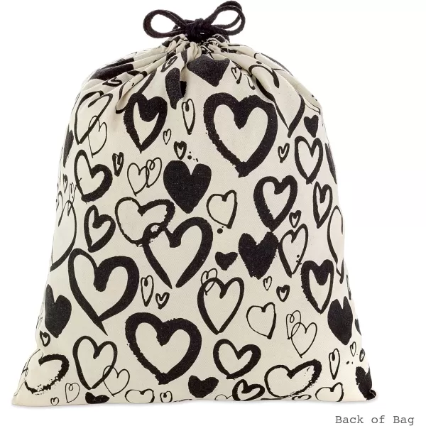 Hallmark 19quot Large Canvas Bag with Drawstring Ivory with Black Hearts for Weddings Bridal Showers Anniversary and More