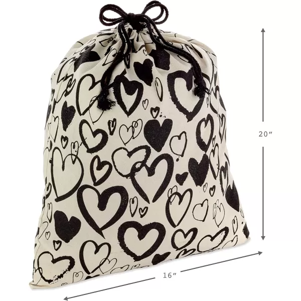 Hallmark 19quot Large Canvas Bag with Drawstring Ivory with Black Hearts for Weddings Bridal Showers Anniversary and More