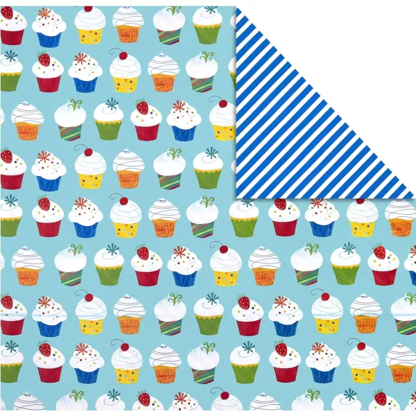 Hallmark Birthday Wrapping Paper Rolls  Balloons Stars Cupcakes Blue Stripes Solid Red Gift Wrap Paper Set of 3 Reversible Rolls 75 sq ft ttlKids Birthday TriPack