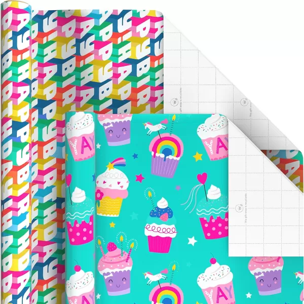 Hallmark Kids Birthday Wrapping Paper 3 Rolls 75 sq ft ttl Pink Rainbows Blue Dinosaurs Yellow quotHappy BirthdayquotDinosaur  Unicorns  Video Games  Rainbow