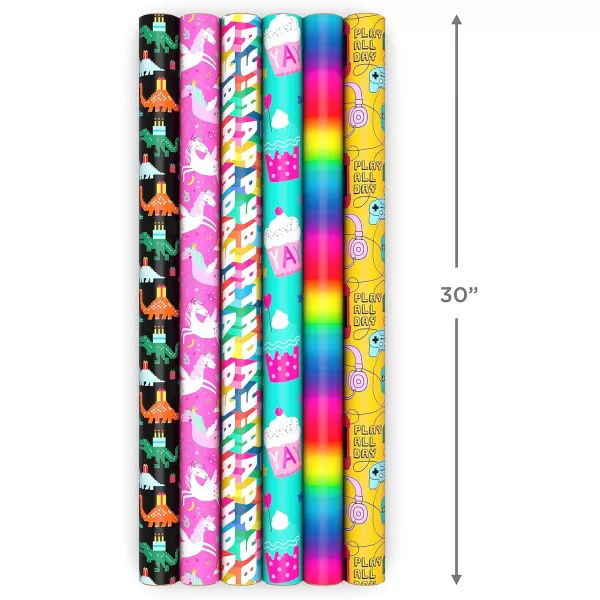 Hallmark Kids Birthday Wrapping Paper 3 Rolls 75 sq ft ttl Pink Rainbows Blue Dinosaurs Yellow quotHappy BirthdayquotDinosaur  Unicorns  Video Games  Rainbow