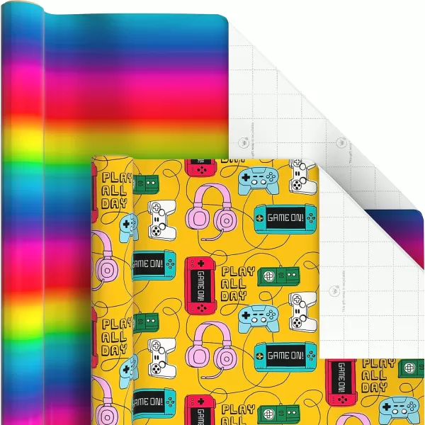 Hallmark Kids Birthday Wrapping Paper 3 Rolls 75 sq ft ttl Pink Rainbows Blue Dinosaurs Yellow quotHappy BirthdayquotDinosaur  Unicorns  Video Games  Rainbow