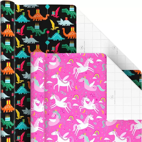 Hallmark Kids Birthday Wrapping Paper 3 Rolls 75 sq ft ttl Pink Rainbows Blue Dinosaurs Yellow quotHappy BirthdayquotDinosaur  Unicorns  Video Games  Rainbow