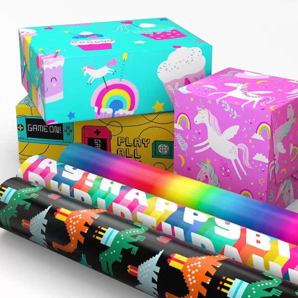 Hallmark Kids Birthday Wrapping Paper 3 Rolls 75 sq ft ttl Pink Rainbows Blue Dinosaurs Yellow quotHappy BirthdayquotDinosaur  Unicorns  Video Games  Rainbow