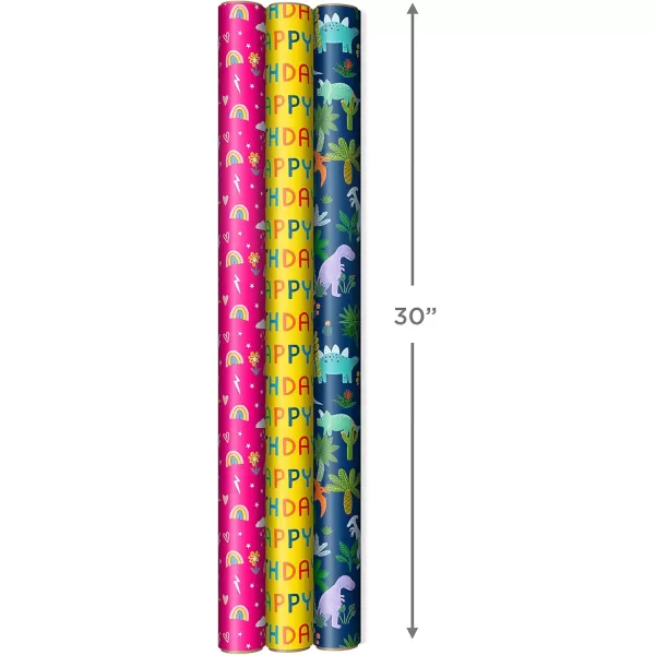 Hallmark Kids Birthday Wrapping Paper 3 Rolls 75 sq ft ttl Pink Rainbows Blue Dinosaurs Yellow quotHappy BirthdayquotYellow  Pink  Navy