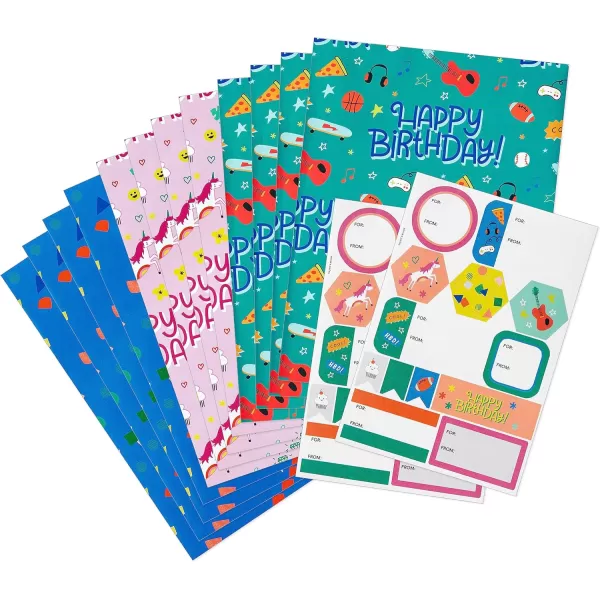 Hallmark Kids Birthday Wrapping Paper Sheets with Cutlines on Reverse 12 Folded Sheets with Sticker Seals Pink Blue Green Cats Unicorns Pizza Video Games Sports ConfettiPink  Blue  Green