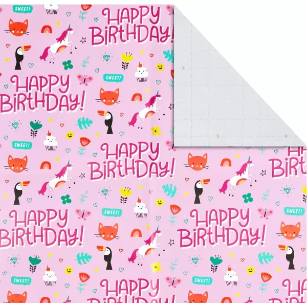 Hallmark Kids Birthday Wrapping Paper Sheets with Cutlines on Reverse 12 Folded Sheets with Sticker Seals Pink Blue Green Cats Unicorns Pizza Video Games Sports ConfettiPink  Blue  Green