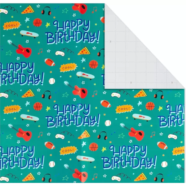 Hallmark Kids Birthday Wrapping Paper Sheets with Cutlines on Reverse 12 Folded Sheets with Sticker Seals Pink Blue Green Cats Unicorns Pizza Video Games Sports ConfettiPink  Blue  Green