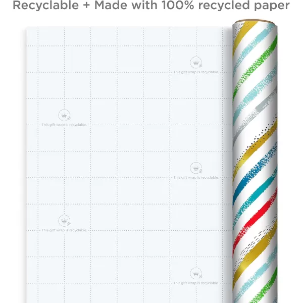 Hallmark Recycled Wrapping Paper with Cutlines on Reverse 3 Rolls 60 Sq Ft Ttl Red Blue Green Gold Stripes Candles quotHappy Birthdayquot for Kids and AdultsWhite  Red  Green