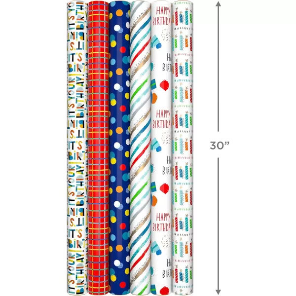 Hallmark Recycled Wrapping Paper with Cutlines on Reverse 3 Rolls 60 Sq Ft Ttl Red Blue Green Gold Stripes Candles quotHappy Birthdayquot for Kids and AdultsRed  Blue