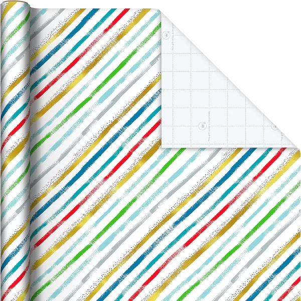 Hallmark Recycled Wrapping Paper with Cutlines on Reverse 3 Rolls 60 Sq Ft Ttl Red Blue Green Gold Stripes Candles quotHappy Birthdayquot for Kids and AdultsWhite  Red  Green