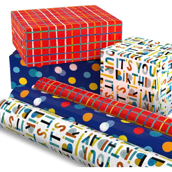 Hallmark Recycled Wrapping Paper with Cutlines on Reverse 3 Rolls 60 Sq Ft Ttl Red Blue Green Gold Stripes Candles quotHappy Birthdayquot for Kids and AdultsRed  Blue