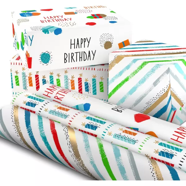 Hallmark Recycled Wrapping Paper with Cutlines on Reverse 3 Rolls 60 Sq Ft Ttl Red Blue Green Gold Stripes Candles quotHappy Birthdayquot for Kids and AdultsRed  Blue