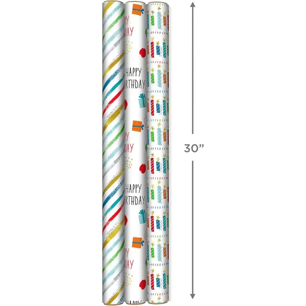 Hallmark Recycled Wrapping Paper with Cutlines on Reverse 3 Rolls 60 Sq Ft Ttl Red Blue Green Gold Stripes Candles quotHappy Birthdayquot for Kids and AdultsWhite  Red  Green