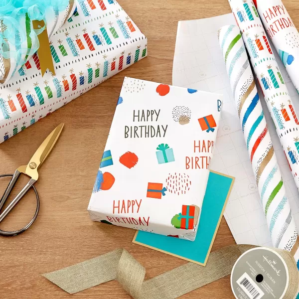 Hallmark Recycled Wrapping Paper with Cutlines on Reverse 3 Rolls 60 Sq Ft Ttl Red Blue Green Gold Stripes Candles quotHappy Birthdayquot for Kids and AdultsWhite  Red  Green