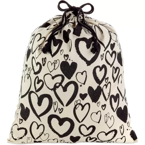 Hallmark 19quot Large Canvas Bag with Drawstring Ivory with Black Hearts for Weddings Bridal Showers Anniversary and More