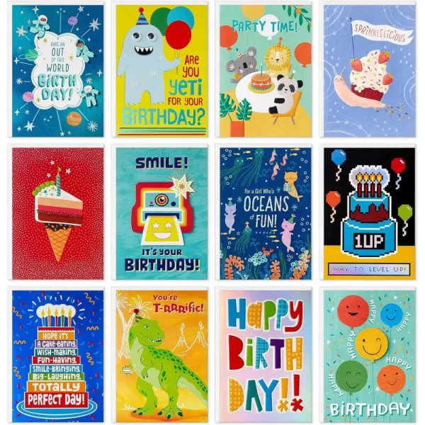 Hallmark Birthday Cards for Kids 12 Cards with Envelopes Refill Pack Card Organizer Box Dinosaur Animals Video Game Birthday Boy Birthday GirlKids Birthday Pack